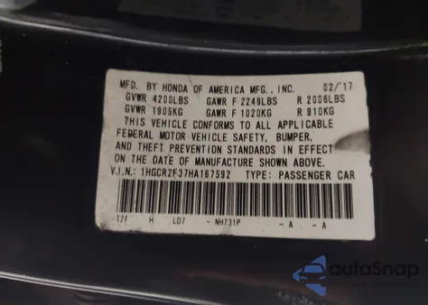 2017 Honda Accord Lx из США, поврежденный, VIN 1HGCR2F37HA167592